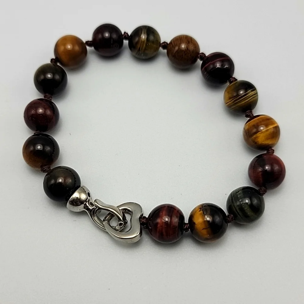 Gold Green Red 10mm Tiger Eye Beaded Bracelet Hand Knotted Silver Tone Clasp